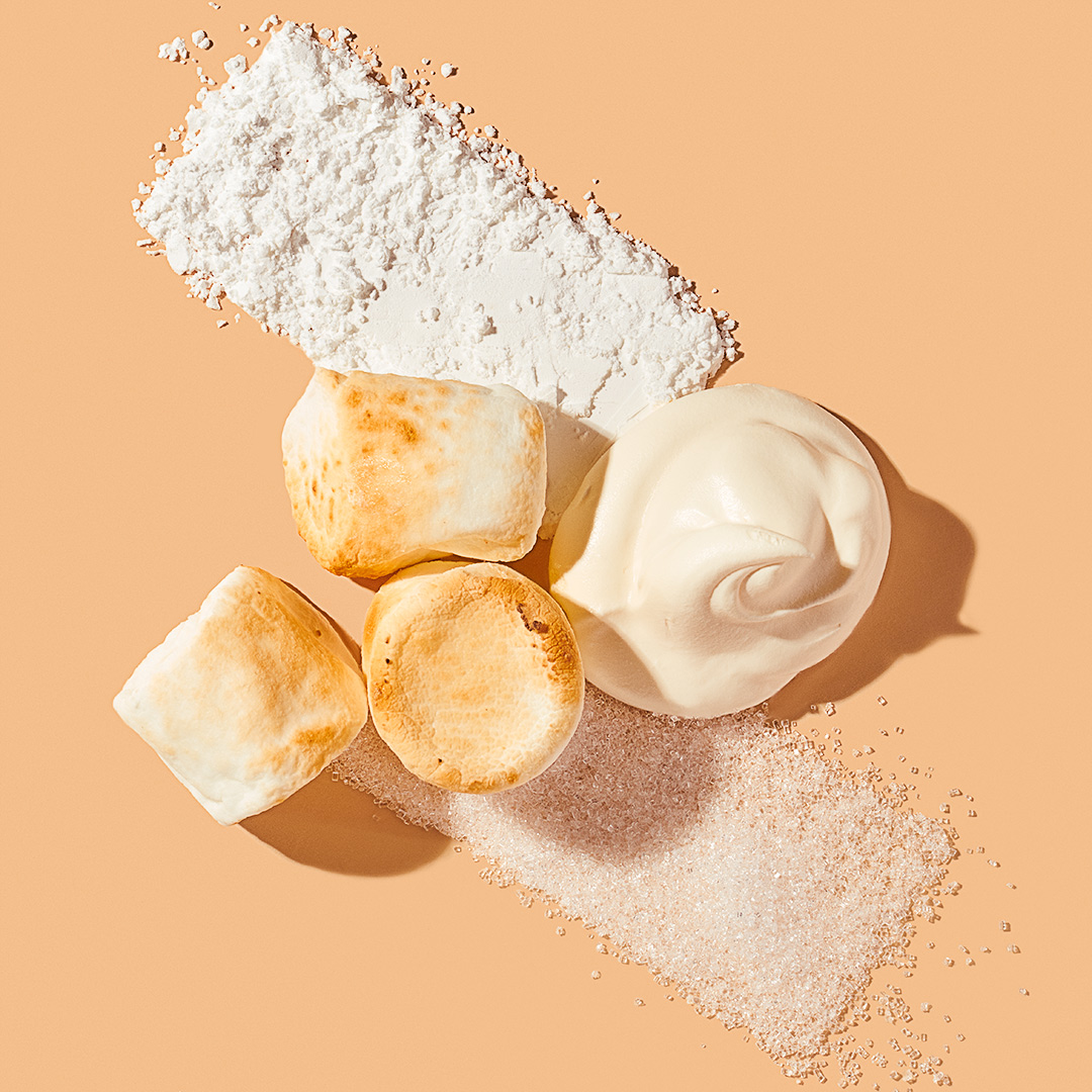 Deconstructed Desserts (Sugar). Marshmallows, whipped cream, and two types of sugar arranged on a canvas.