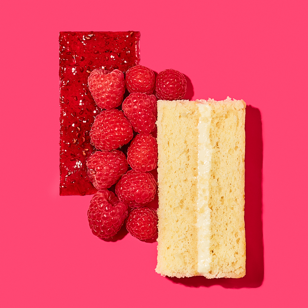 Deconstructed Desserts (Fruit). A yellow cake with raspberries and jam.