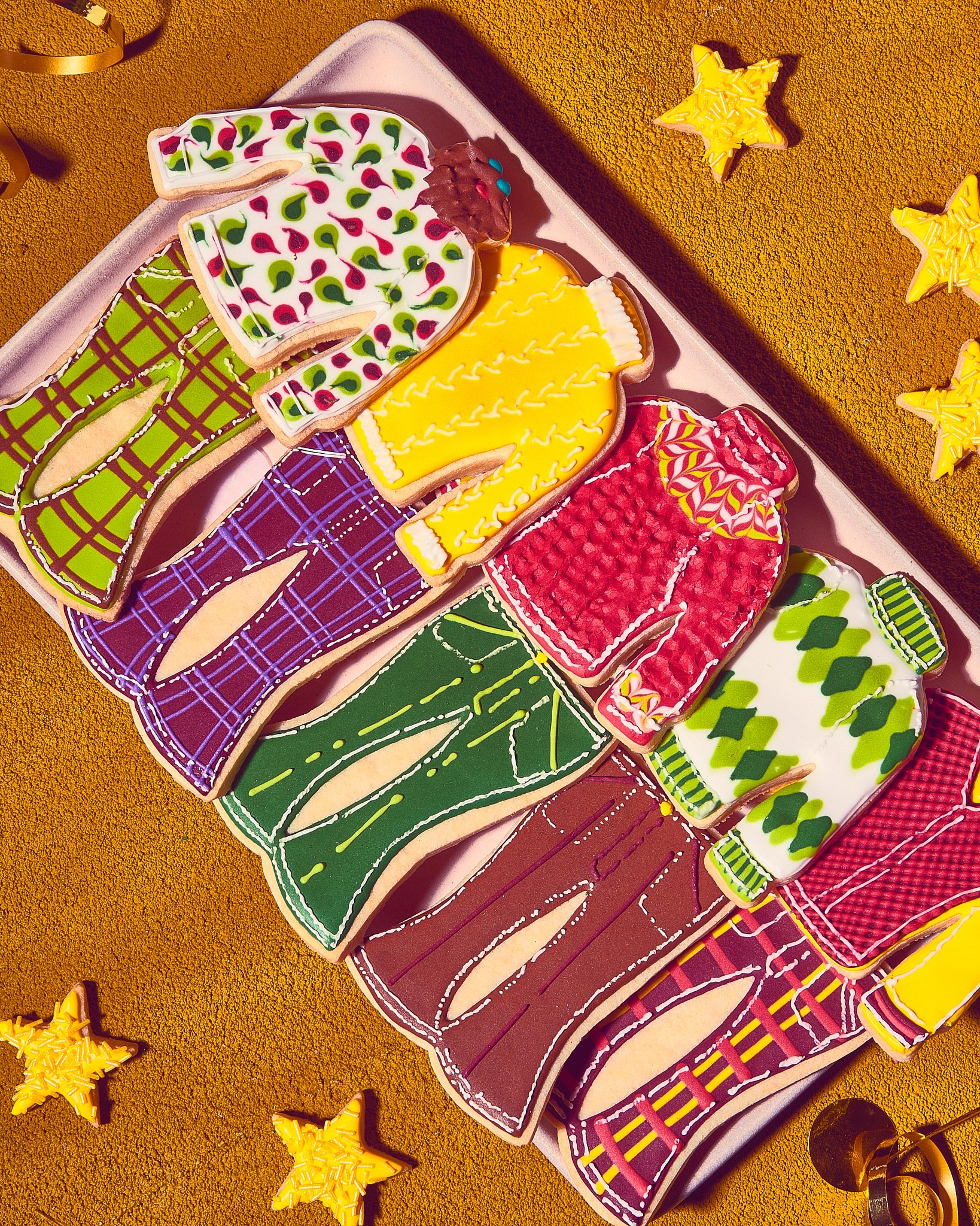 Holiday Cookies in a 70s palette, Detail of ugly sweaters and bell bottom pants