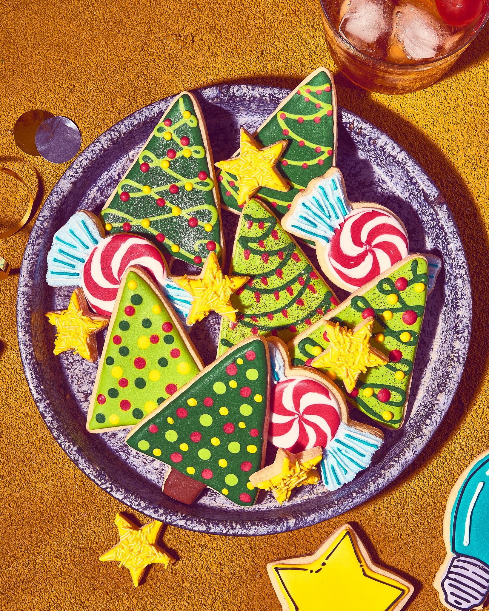 Holiday Cookies in a 70s palette, Detail of trees and peppermints