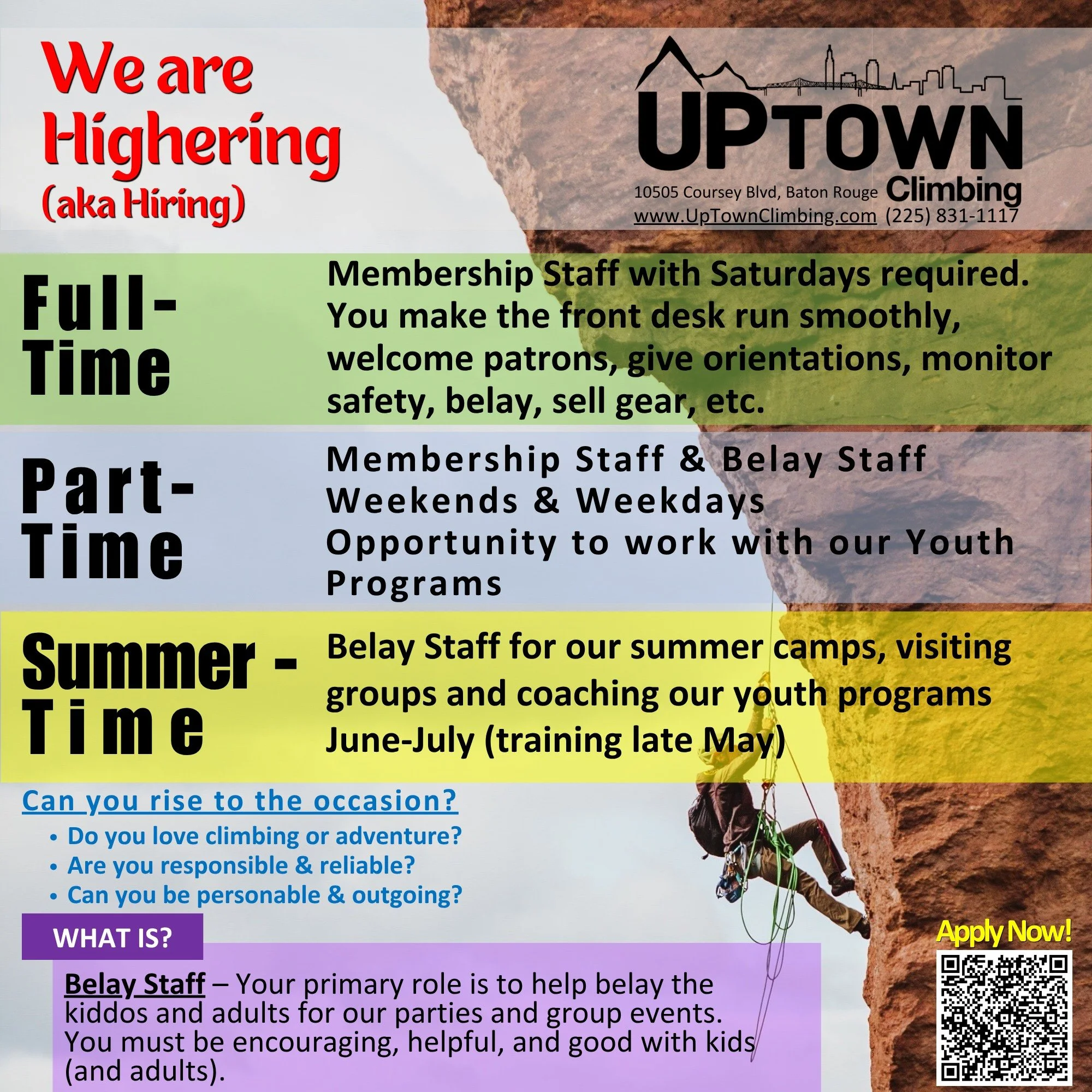 Check out www.UpTownClimbing.com/Jobs