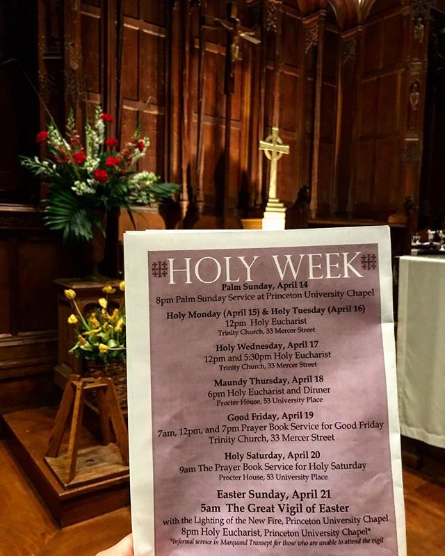 🚨IMPORTANT🚨
HOLY WEEK SCHEDULE: 
Monday &amp; Tuesday: Eucharist @ Trinity Church, 12:00 PM
Wednesday: Eucharist 12 &amp; 5:30 @ Trinity Church
Maundy Thursday: Eucharist and Dinner, 6:00 @ Procter House
Good Friday: 7a, 12p, 7p prayer book service