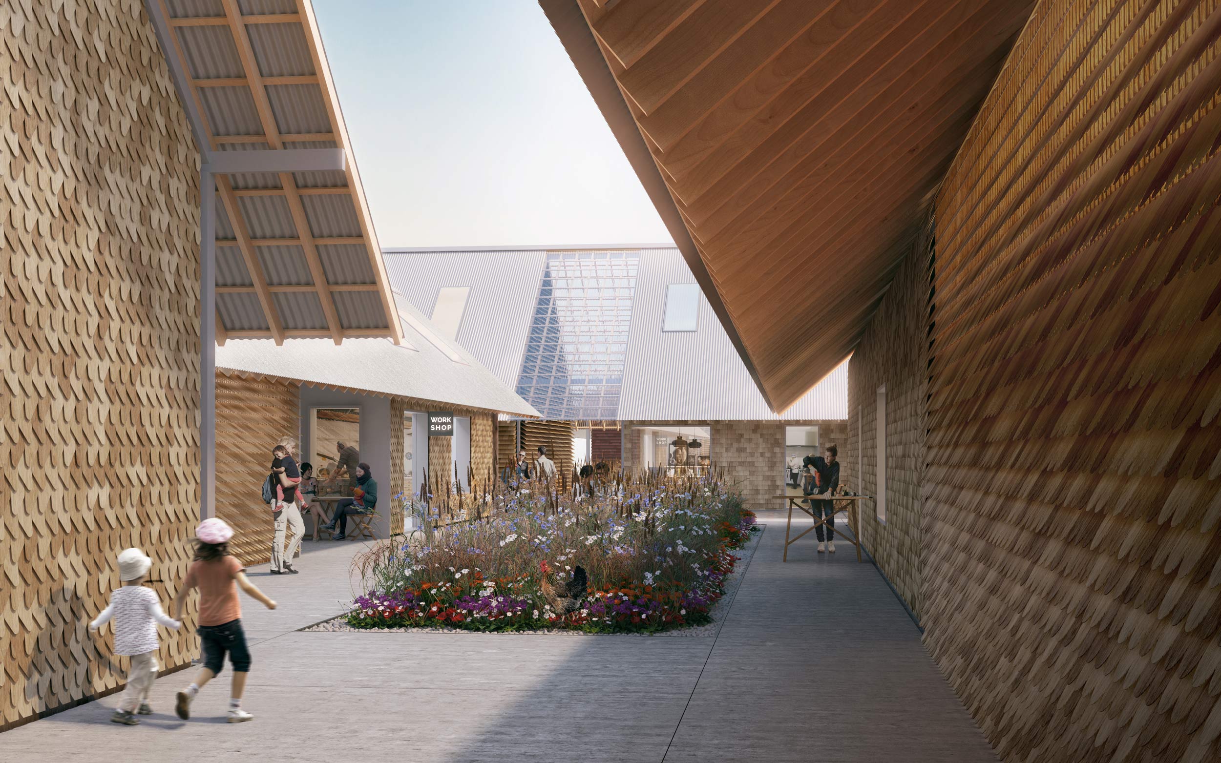 Each longhouse on its own is a relatively simple proposal, but when multiplied, and arranged in different lengths, it becomes a more complex architectural proposition. The longhouses all share a constant datum height of the roof eaves above ground level. This creates a human scale to the building, so to have a welcoming relationship to the streetscape. Defined breaks draw you in between the longhouses, and only once within do you get a sense for the intimate and vibrant community of courtyards and passages. The longhouses and their communal spaces are intended to promote communal responsibility and shared use, such as in the allotment gardens, general community planting, communal asset building and the green spaces. The smaller courtyards are of equal importance, where we carefully considered more intimate functions, such as a long communal outdoor table and bench seating, smaller garden spaces, a pond or play spaces for children. We see these community-led shared spaces as an important factor to help the target younger generation to develop a community strength to the scheme. The projecting roofs of the longhouses create an intimacy to the covered and in-between spaces. These useable covered external areas serve as protected passageway from the elements, as well as potential spill out space from homes and workspaces, encouraging chance encounters between residents, to help further develop a community strength..