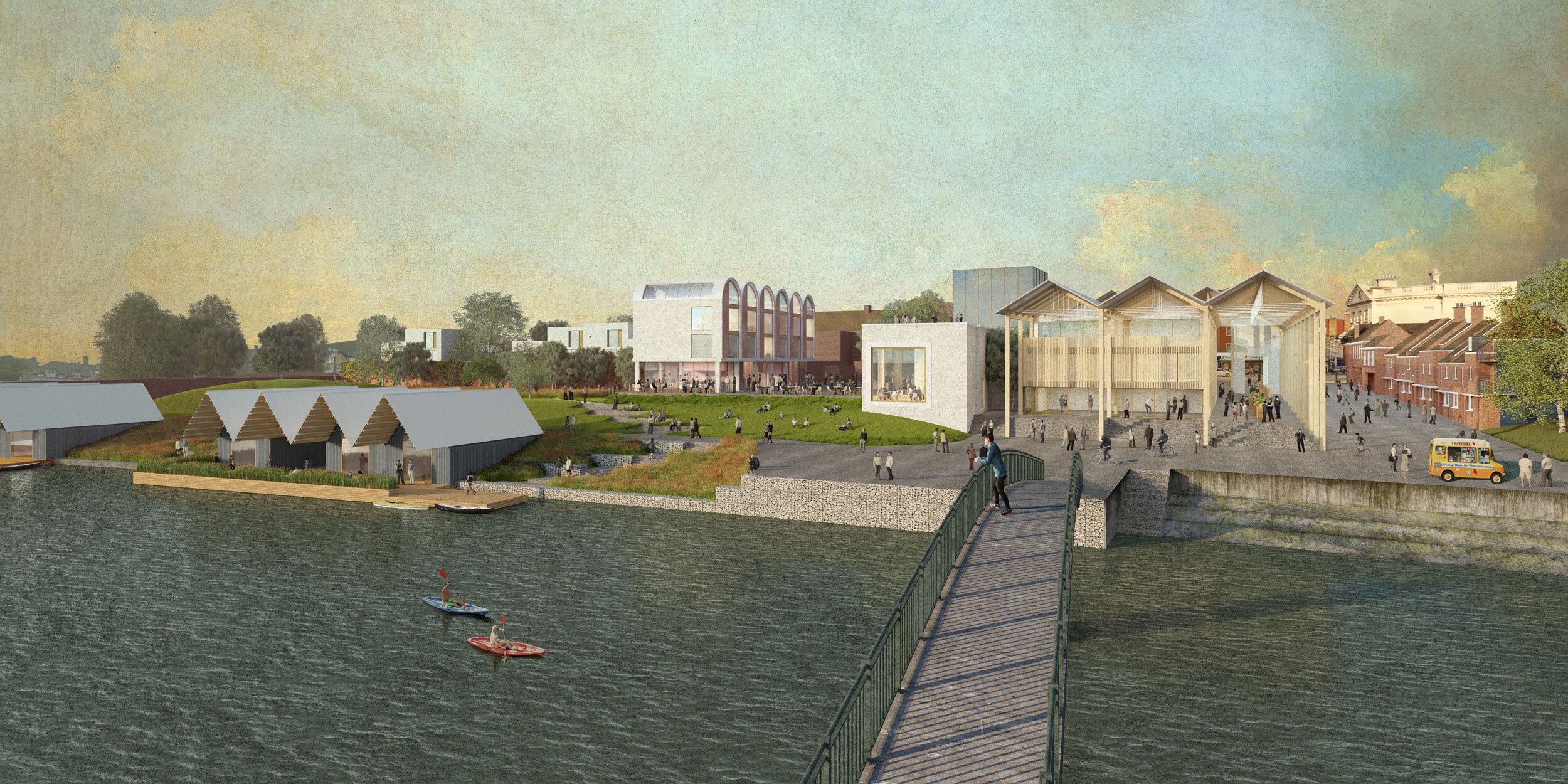 Through the introduction of floating studios nestled along the Arcadian Thames we sought to activate the river’s edge and ensure a vibrant creative community.
