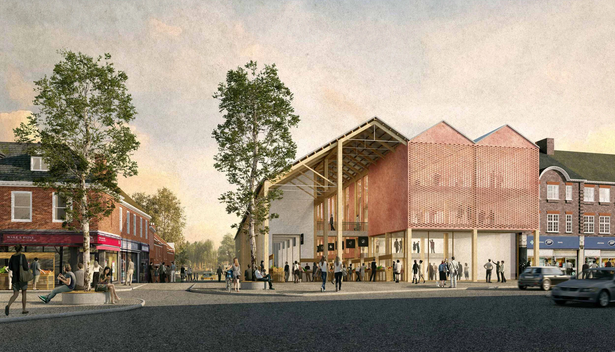 Our Twickenham Market Building links the High Street to the river. The building takes the form of an open market building with a large, striking roof structure drawn from the boatyards of Eel Pie Island, giving an airy, covered, pedestrianised spac