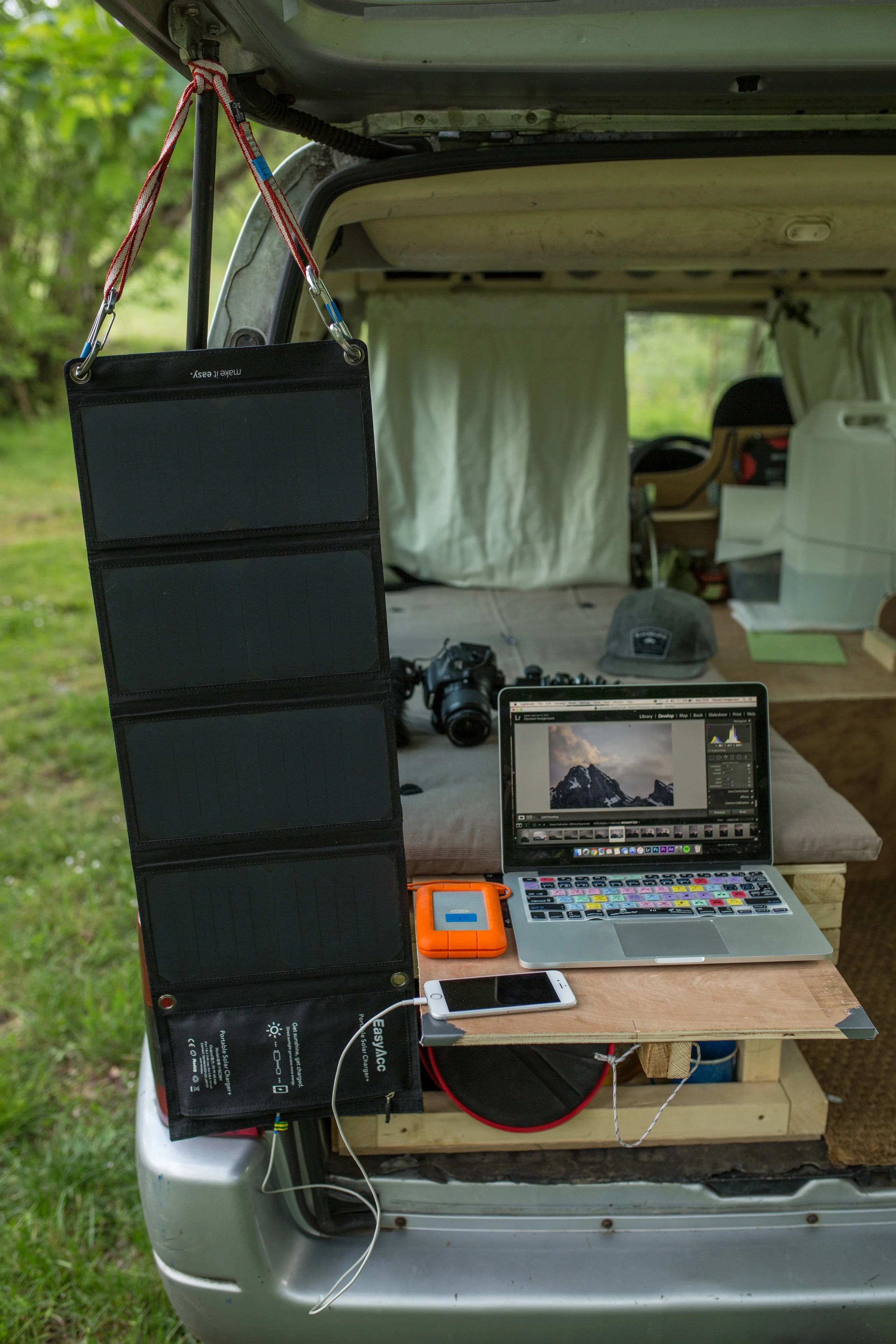 I powered most of my electronics from this solar panel and edited on the road.