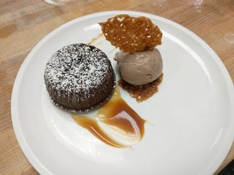 New Years Eve special: Chocolate molten cake with caramel, chocolate hazelnut gelato and hazelnut florentine