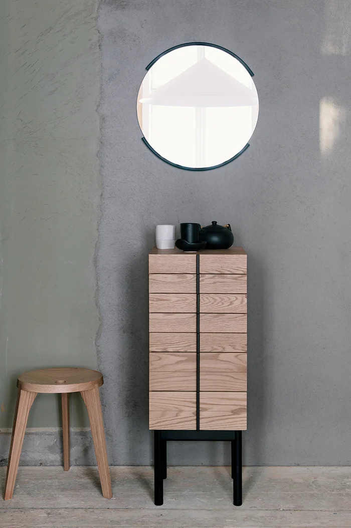 with Column Chest by Gabriel Tan and Dovetail Stool by Staffan Holm for Ariake