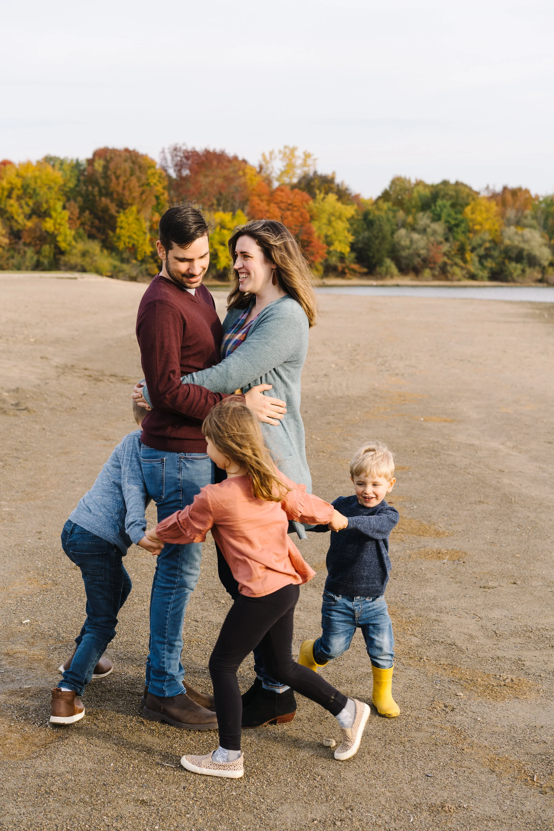 playing games at a fall family session