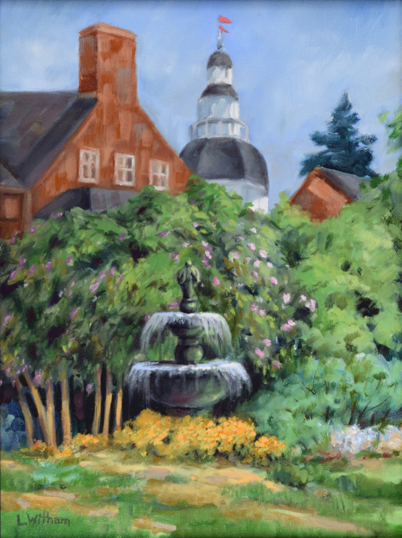 Statehouse Fountain, Oil on canvas, 12x16