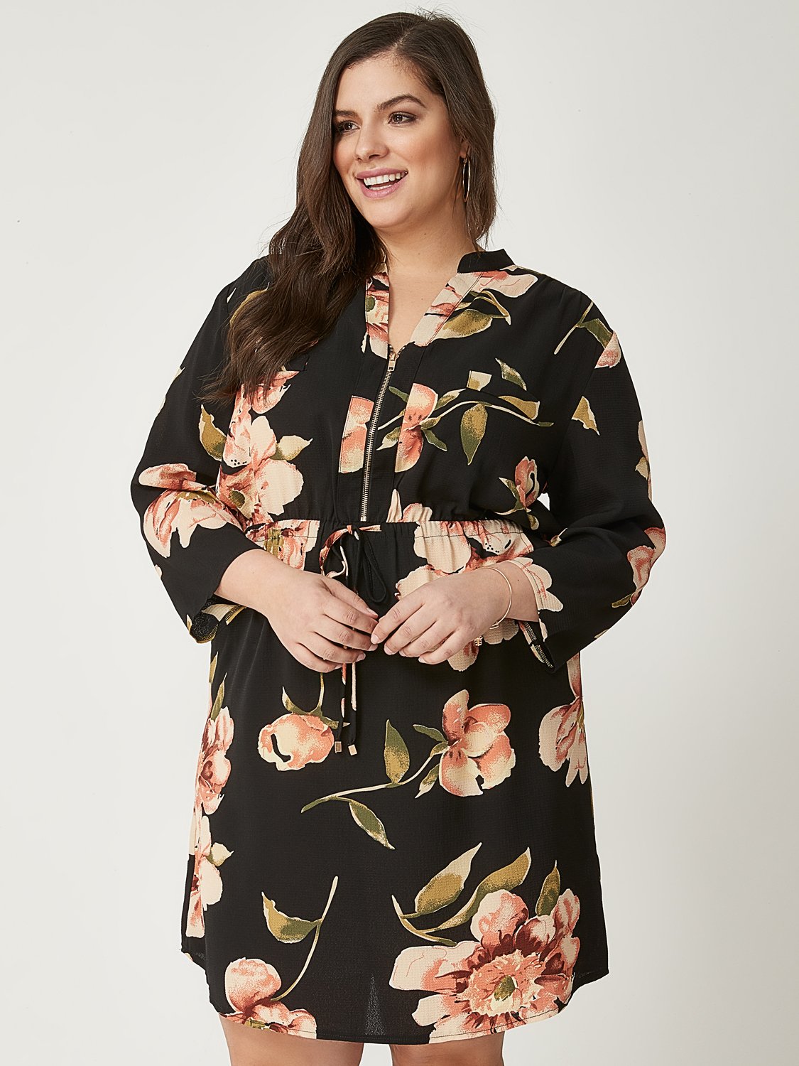 Plus Size Printed Drawstring Shirt Dress