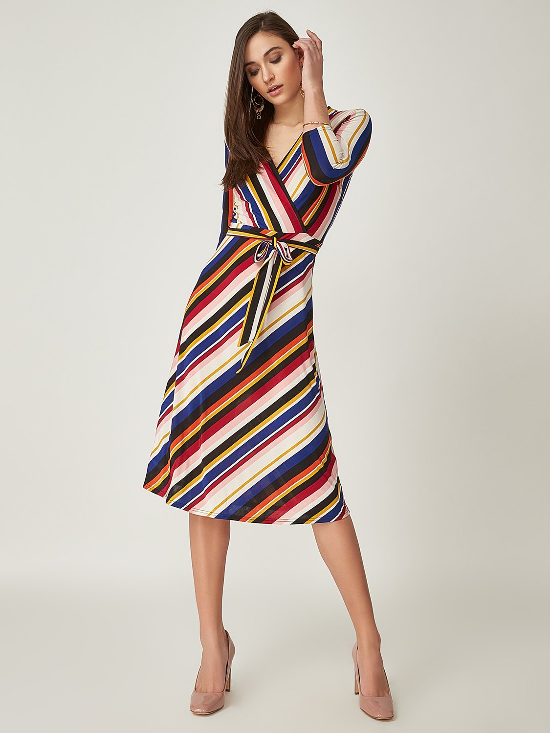 Striped Crossover Midi Dress