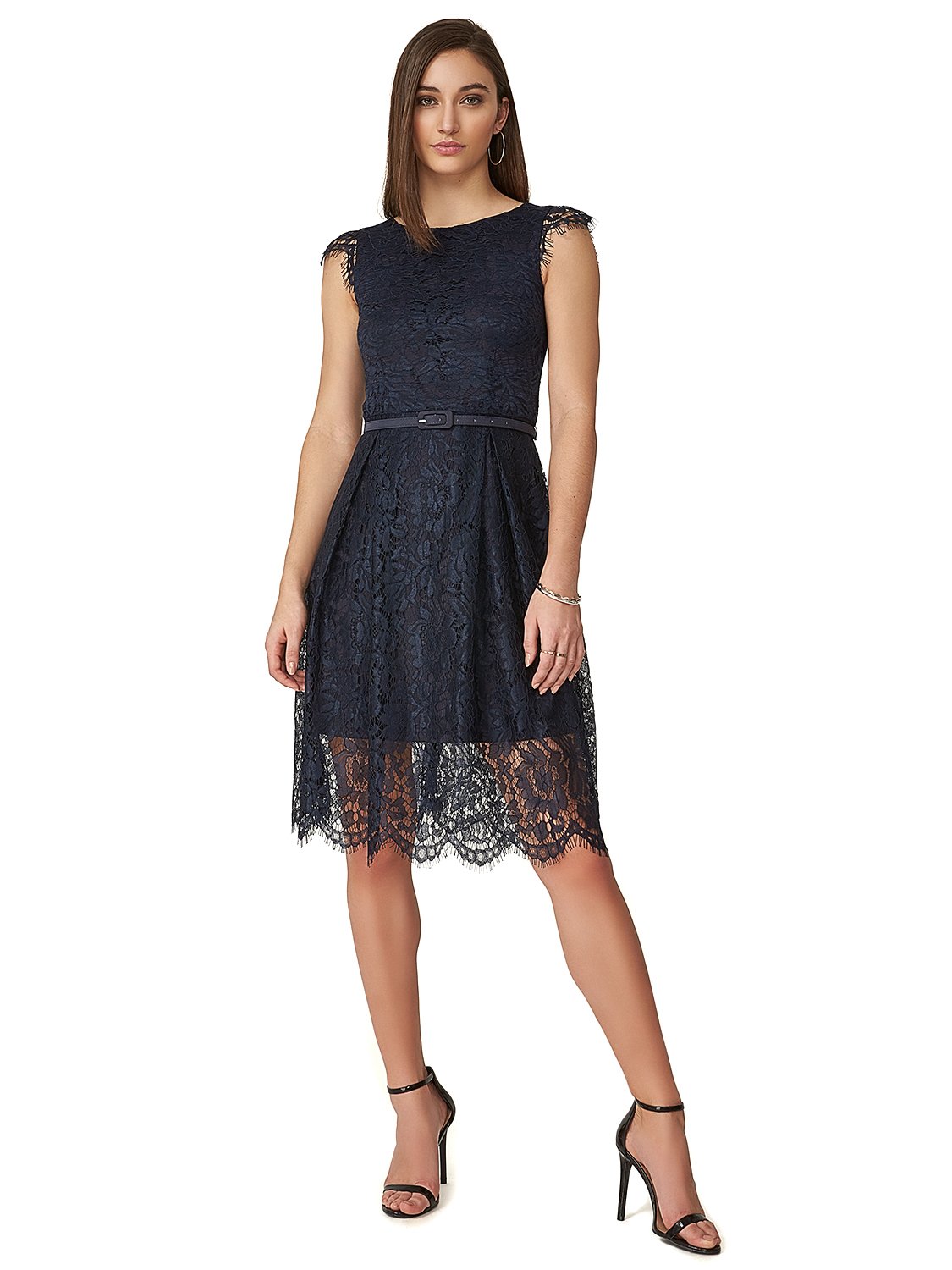 Fit & Flare Belted Lace Cocktail Dress