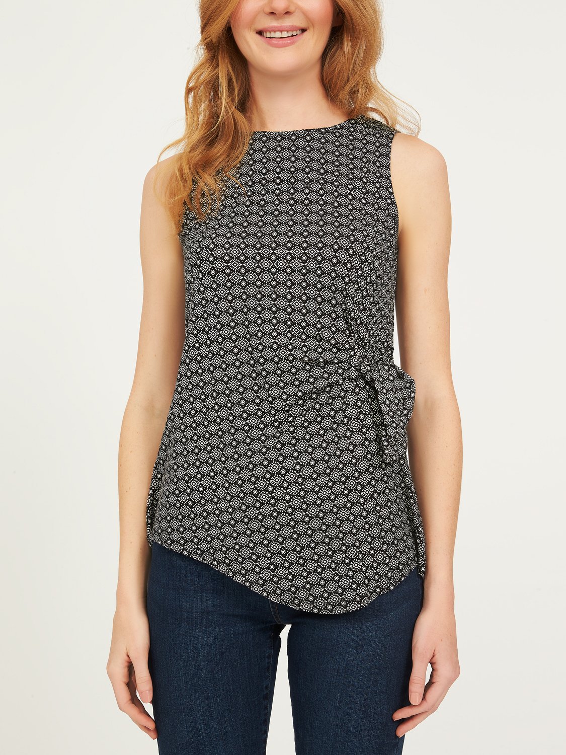 Printed-Asymmetrical Sleeveless Tunic Tank With Side Detail