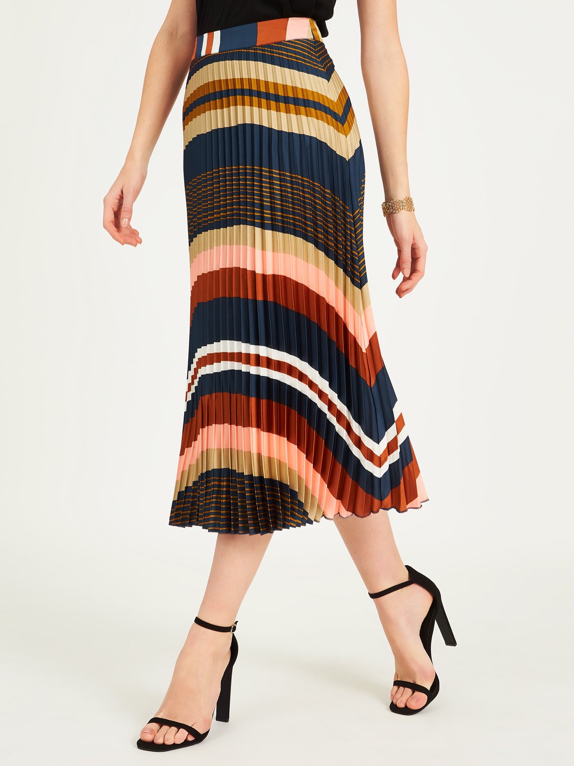Multicolored Horizontal Striped Pleated Skirt