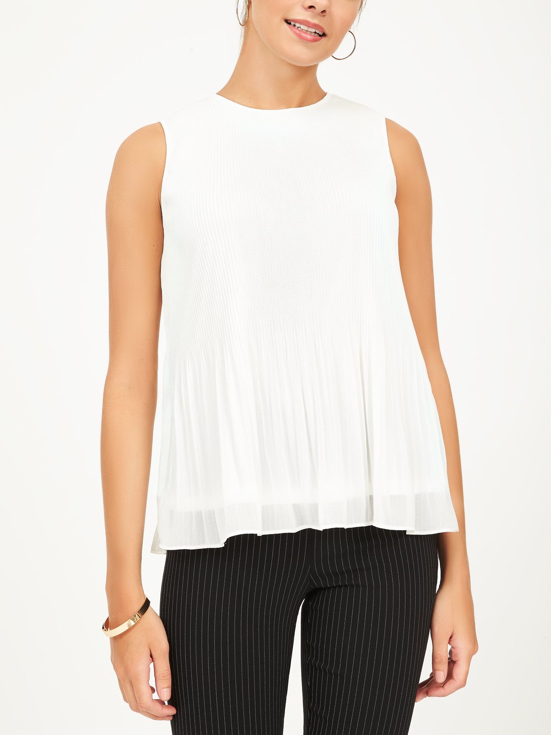 Pleated Chiffon Blouse with Round Neck