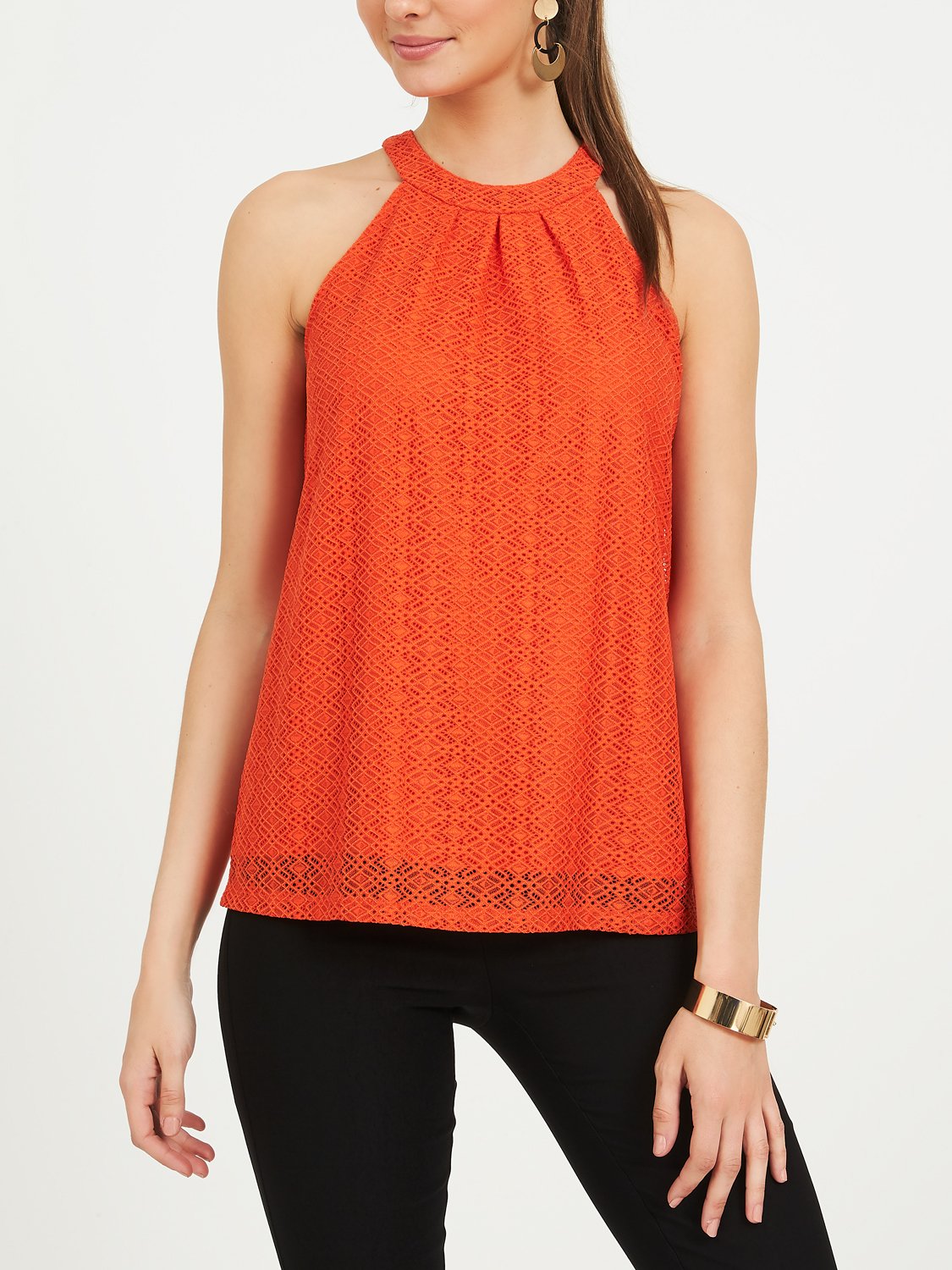 Corded Lace Geo Print Pleated Halter Top