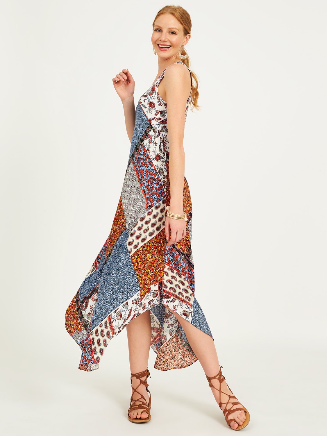 Scoop Neck Patchwork Print Midi Dress