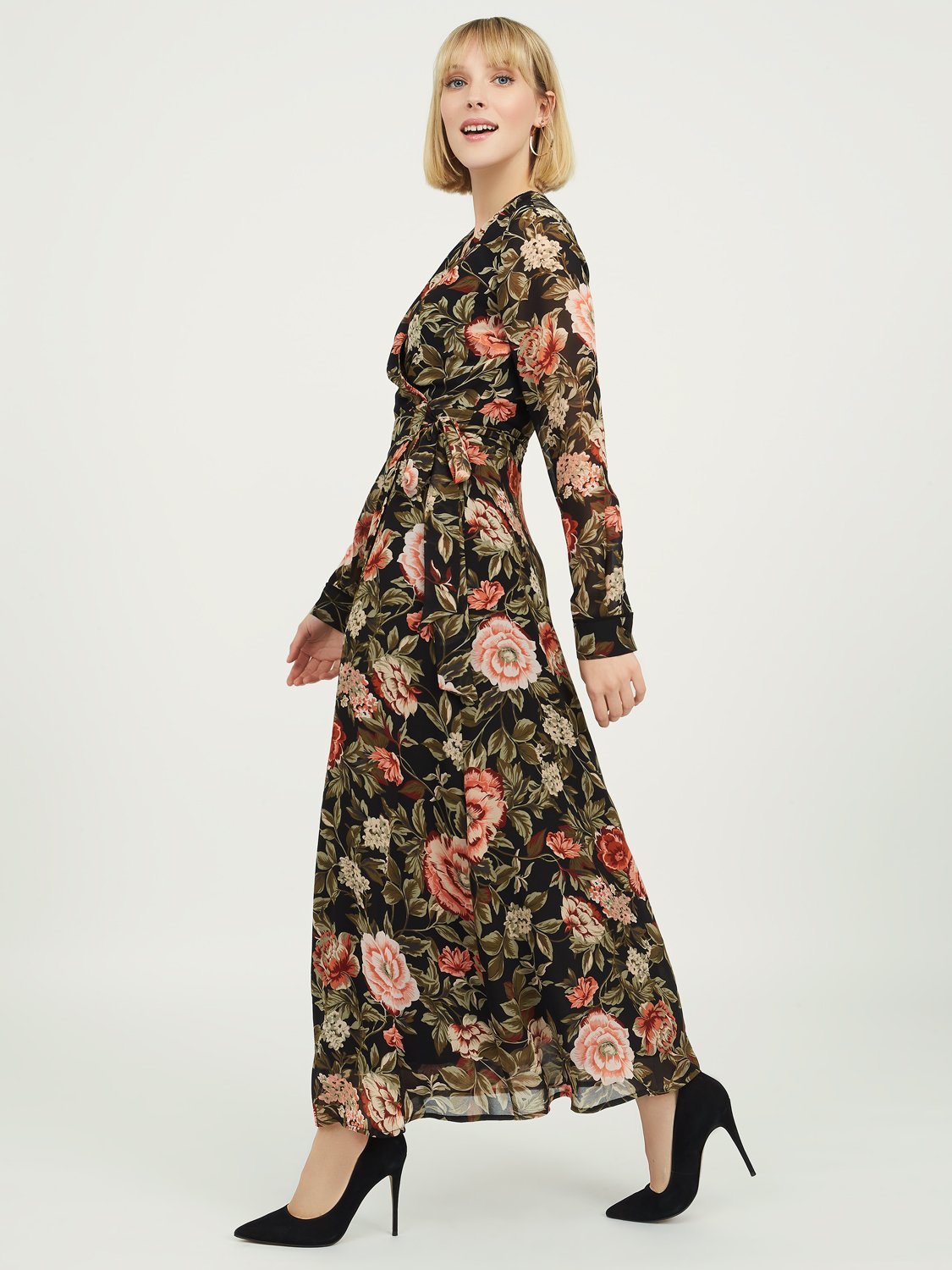 Long Sleeve Floral Chiffon Dress