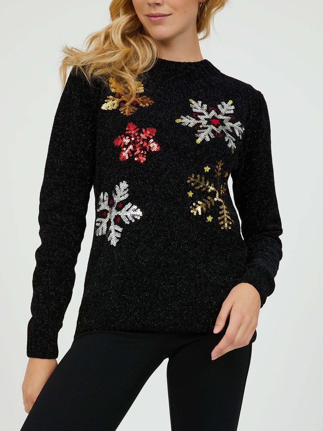 Long Sleeve Chenille Snowflake Print Sweater .jpg