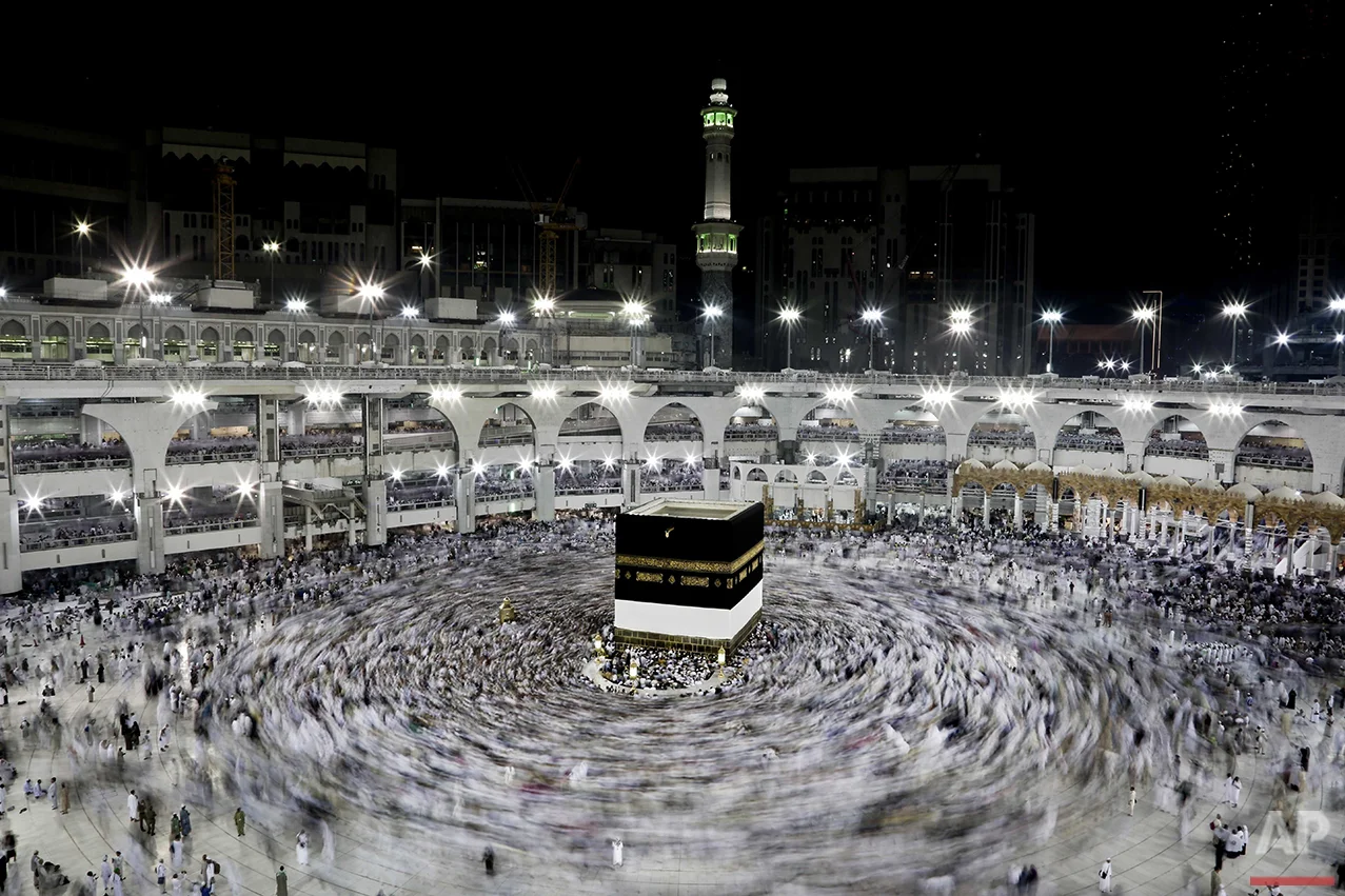  In this Wednesday, Sept. 7, 2016 photo, Muslim pilgrims circle the Kaaba, Islam's holiest shrine, at the Grand Mosque in the Muslim holy city of Mecca, Saudi Arabia. Muslim pilgrims have begun arriving at the holiest sites in Islam ahead of the annu