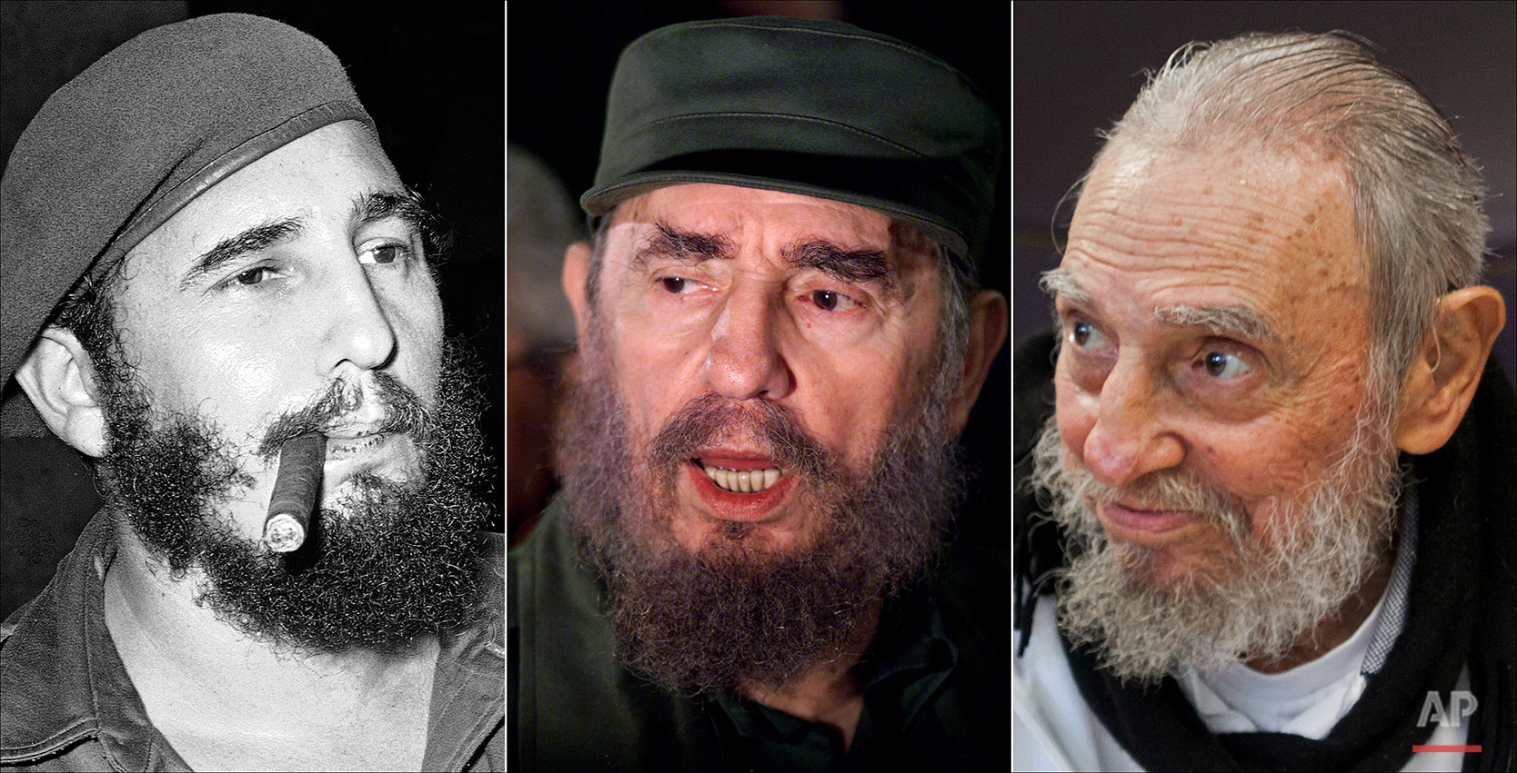  This combo of three file photos shows Fidel Castro, from left; smoking a cigar in Havana, Cuba, April 29, 1961; speaking to the media while on a mission to collect Elian Gonzales in Washington, D.C., April 6, 2000; and at his Havana home on Feb. 13,