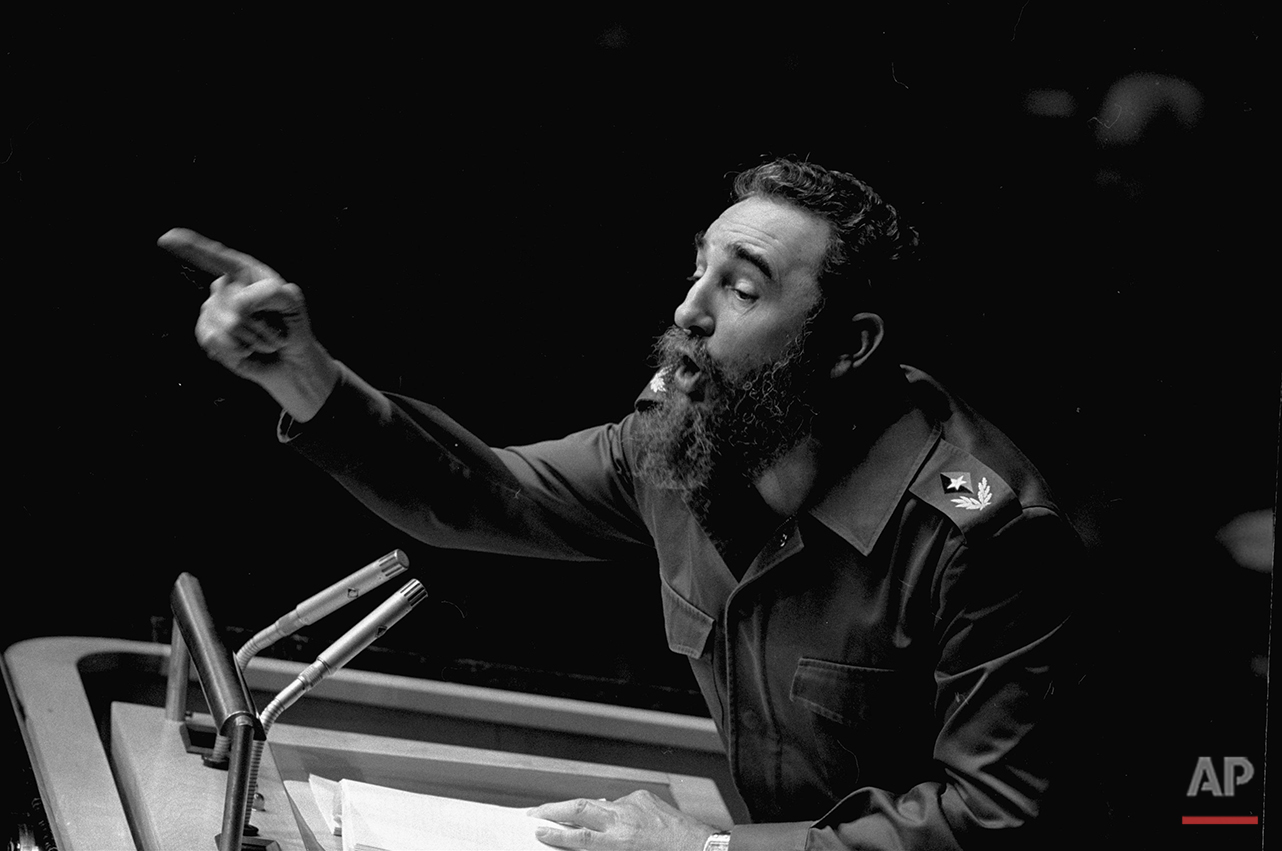  In this Oct. 12, 1979 file photo, Cuban President, Fidel Castro, points during his lengthy speech before the United Nations General Assembly, in New York. The man who nationalized the Cuban economy and controlled of virtually every aspect of life on