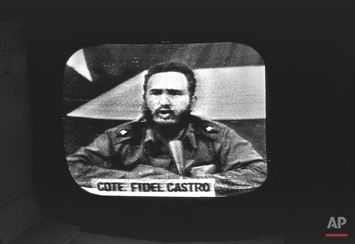  Cuban Prime Minister Fidel Castro replied to President Kennedy's naval blockade over Cuban radio and television, October 23, 1962.  This picture of Castro during his speech was copied from a television monitor in Key West, Florida. To defuse the Cub