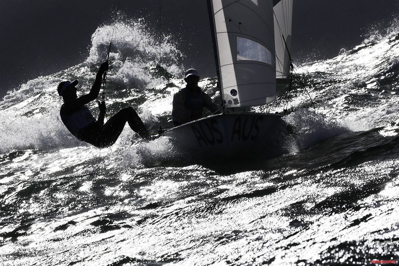 Australia's Will Rian, left, and Mathew Belcher participate in the 470 men race at the 2016 Summer Olympics in Rio de Janeiro, Brazil, Thursday, Aug. 11, 2016. (AP Photo/Bernat Armangue)