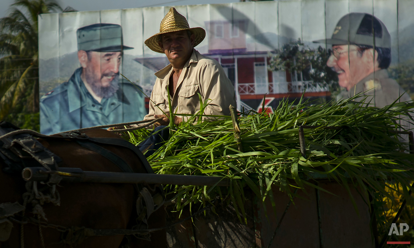  In this June 14, 2016 photo, a farmer carrying grass to feed his animals steers his horse-drawn cart past a welcome sign featuring brothers Fidel and Raul Castro, at the entrance of Biran where the Castro's were born in eastern Cuba. Many of the are