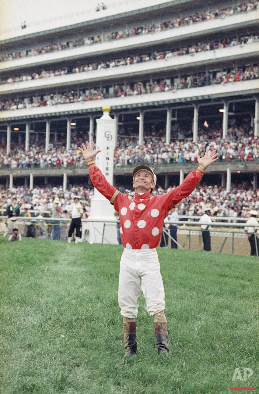 Pat Day reacts after winning his first Kentucky Derby on Lil E. Tee Saturday, May 2, 1992 at Churchill Downs in Louisville, Ky. (AP Photo/Ed Reinke)