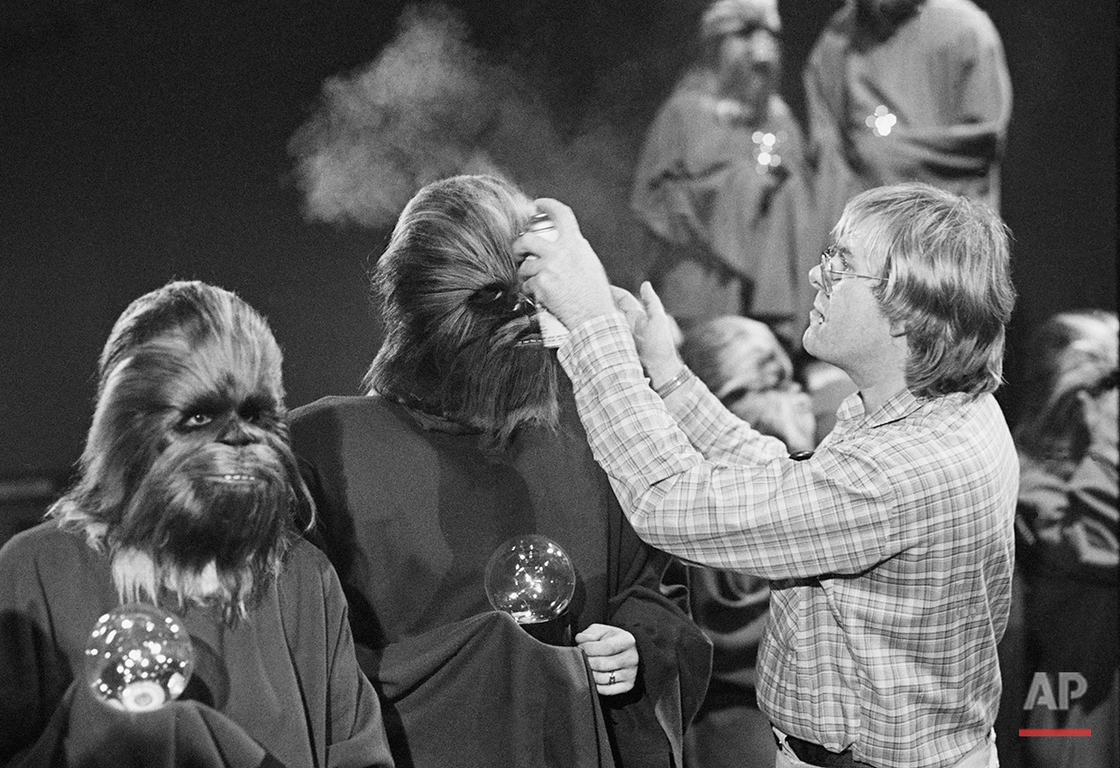  An "extra" Wookie has his hair sprayed by a makeup artist during the taping of the television special for the holidays made by the cast of the movie "Star Wars" Wednesday Oct. 5, 1978 in Los Angeles. The Wookie planet is visited in the episode.(AP P