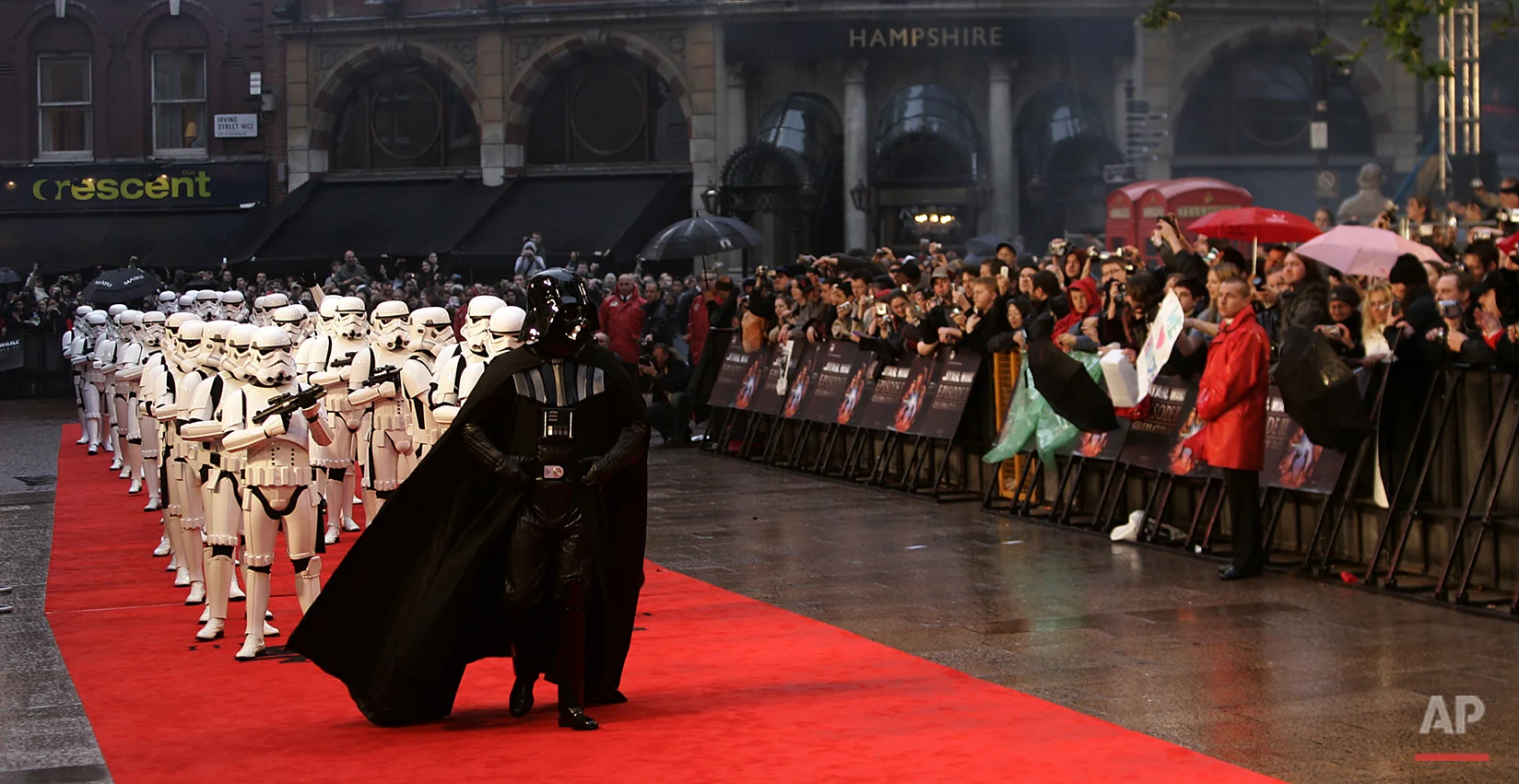 Characters from the 'Star Wars' movies, including Darth Vader and stormtroopers, parade at the premiere of "Star Wars Episode III, Revenge of The Sith", at Leicester Square in London, England, Monday, May. 16, 2005. The film, by U.S. director George Lucas, is the last in the 'Star Wars' series. (AP Photo/Lefteris Pitarakis)