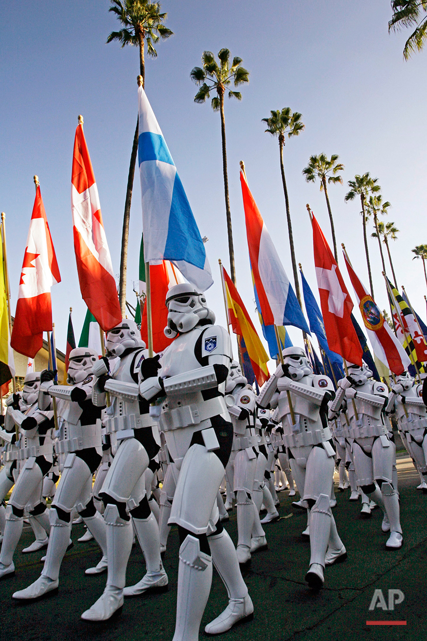  Members of the 501st Legion, a group of International Star Wars fans dressed as storm troopers march in the 118th Tournament of Roses Parade in Pasadena, Calif., Monday, Jan. 1, 2007. (AP Photo/Damian Dovarganes) 