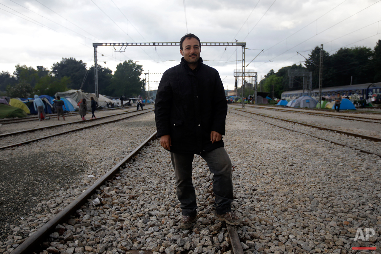  Syrian Ziad Alli poses for a portrait on the tracks of a rail way station which was turned into a makeshift camp crowded by migrants and refugees at the northern Greek border point of Idomeni, Greece, Tuesday, May 3, 2016. (AP Photo/Gregorio Borgia)