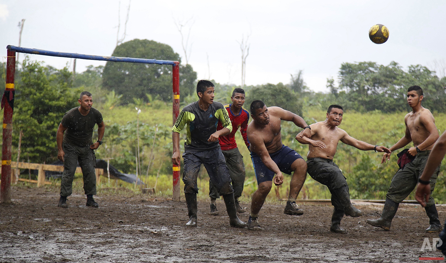  In this Aug. 11, 2016 photo, rebels of the 48th Front of the Revolutionary Armed Forces of Colombia, or FARC, play soccer at their camp in the southern jungles of Putumayo, Colombia. (AP Photo/Fernando Vergara)&nbsp; 