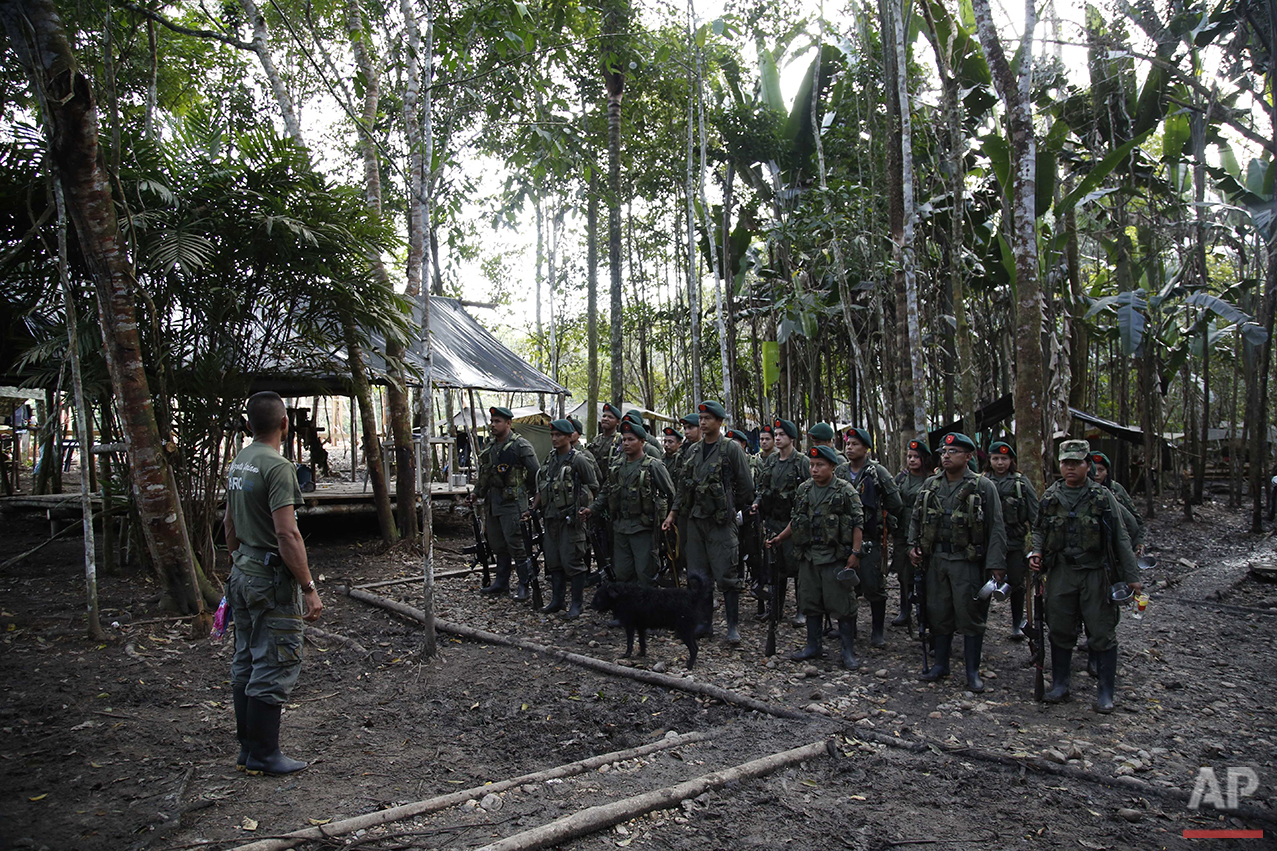 In this Aug. 11, 2016 photo, rebels of the 48th Front of the Revolutionary Armed Forces of Colombia, or FARC, stand in formation in the southern jungles of Putumayo, Colombia. (AP Photo/Fernando Vergara)&nbsp; 