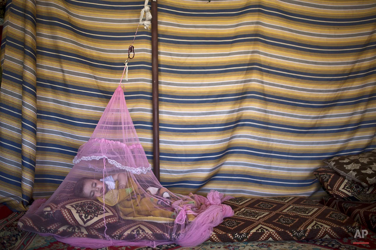  Seven-month-old  Syrian refugee Mariam Mohammed, whose family fled from Hama, Syria, sleeps under a mosquito net inside their tent at an informal tented settlement in the Jordan Valley, Jordan, Wednesday, March 30, 2016. (AP Photo/Muhammed Muheisen)