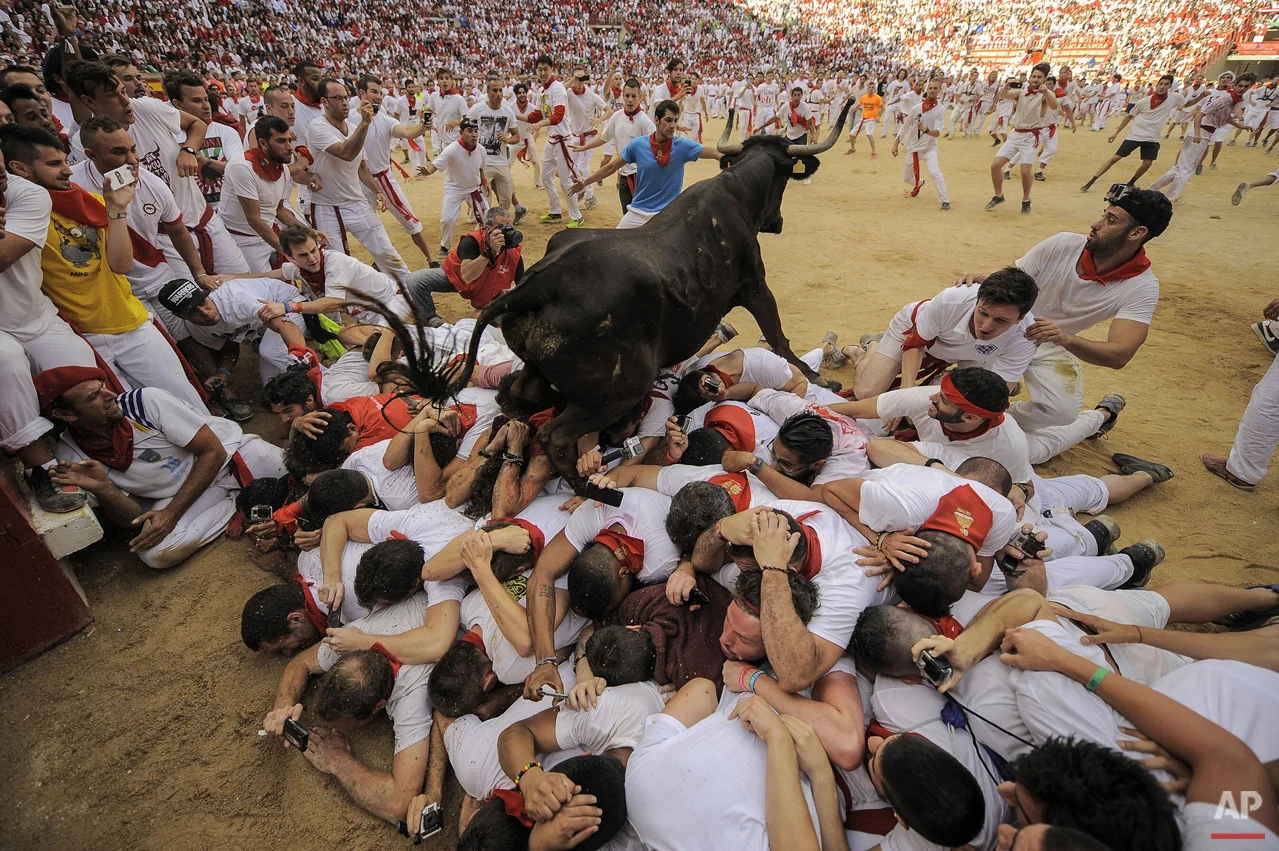 A cow jumps over a group of revelers in the bull ring, at the San Fermin Festival, in Pamplona, Spain, Wednesday, July 8, 2015. Revelers from around the world arrive in Pamplona every year to take part in some of the eight days of the running of the bulls. (AP Photo/Alvaro Barrientos)