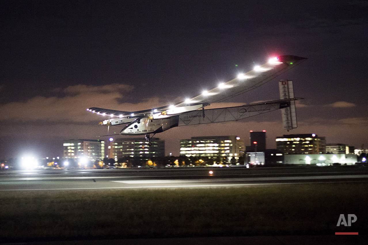  Solar Impulse 2 lands at Moffett Field in Mountain View, Calif., after crossing the Pacific Ocean on Saturday, April 23, 2016. The solar-powered airplane landed in California on Saturday, completing a risky, three-day flight across the Pacific Ocean