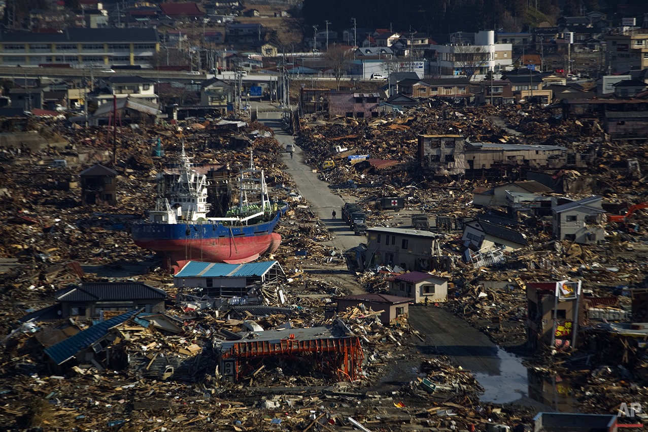  In this March 28, 2011 photo, a ship sits in a destroyed residential neighborhood in Kesennuma, Miyagi Prefecture, northeastern Japan, after a powerful tsunami hit the area on March 11. (AP Photo/David Guttenfelder) 
