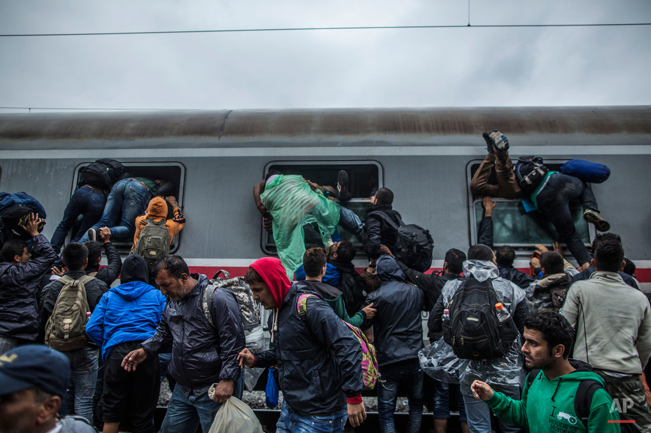  Migrants and refugees board a train by climbing through the windows as they try to avoid a police barrier at the station in Tovarnik, Croatia, Sunday, Sept. 20, 2015.  (AP Photo/Manu Brabo) 