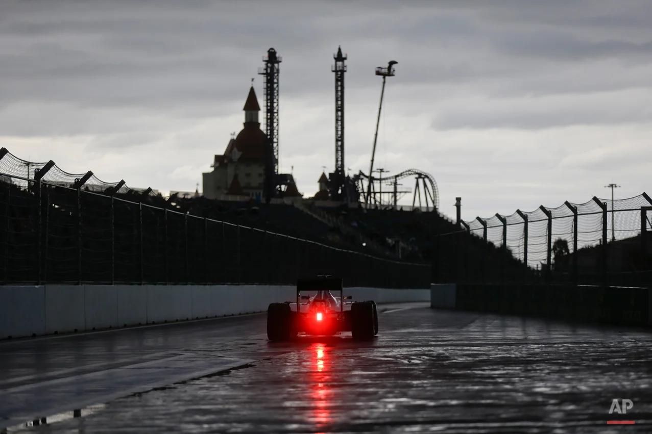 In this Oct. 9, 2015 photo, Mercedes driver Lewis Hamilton of Britain steers his car during the second free practice session at the 'Sochi Autodrom' Formula One track , in Sochi, Russia. (AP Photo/Luca Bruno)