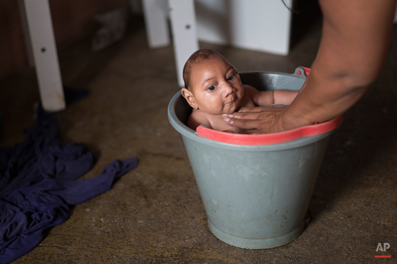 In this Dec. 23, 2015 photo, Solange Ferreira bathes her son Jose Wesley in a bucket at their house in Poco Fundo, Pernambuco state, Brazil. Ferreira says her son enjoys being in the water, she places him in the bucket several times a day to calm hi