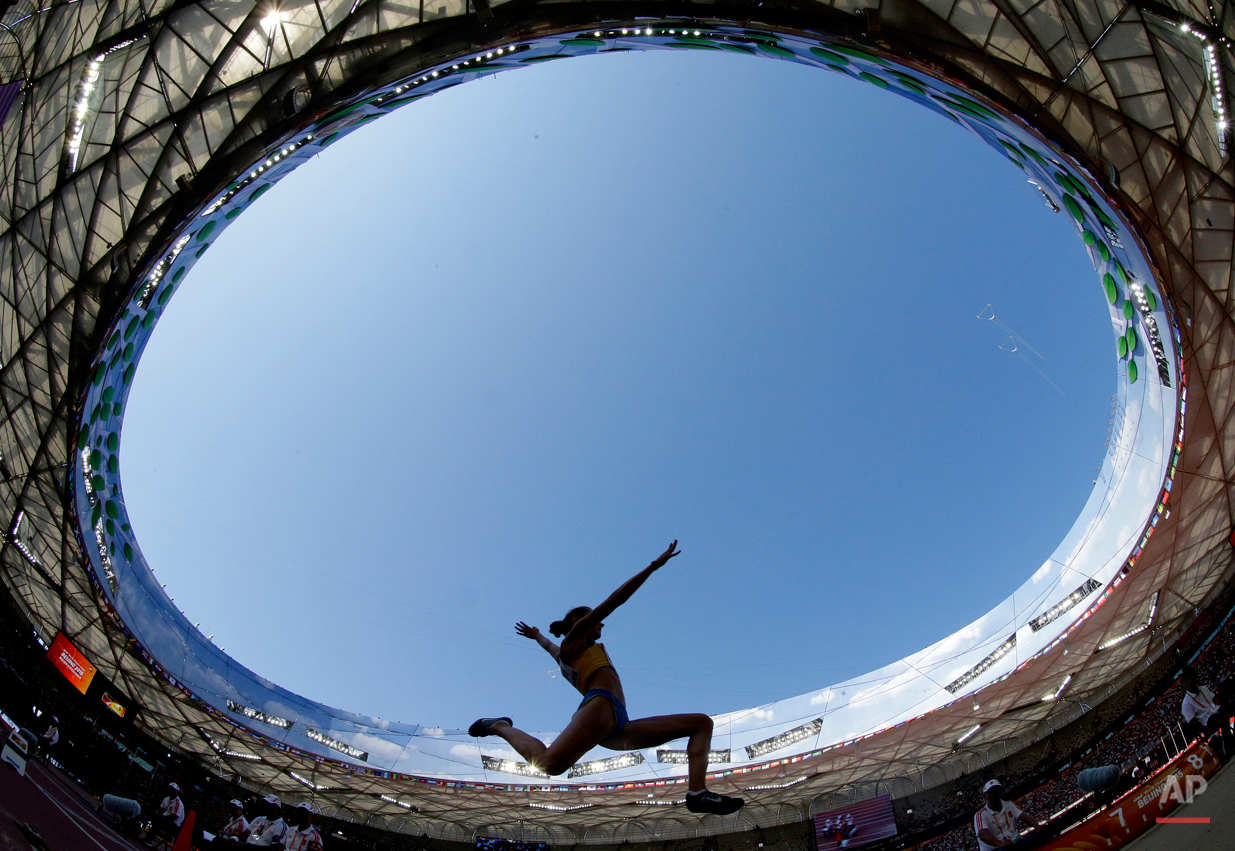  In this Aug. 27, 2015, photo, Sweden's Erica Jarder competes in the women's long jump qualification at the World Athletics Championships at the Bird's Nest stadium in Beijing. (AP Photo/Lee Jin-man) 