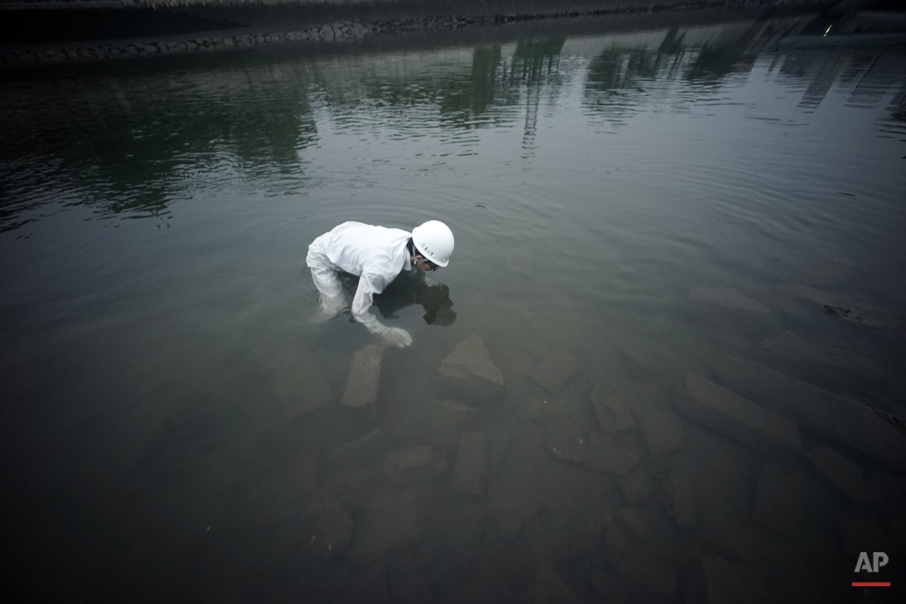  In this July 4, 2015 photo, Rebun Kayo, Hiroshima University graduate student, finds debris from the Atomic Bomb Dome, as it is known today  in the river in Hiroshima, Hiroshima Prefecture, southern Japan. Kayo has retrieved shattered bricks and sto