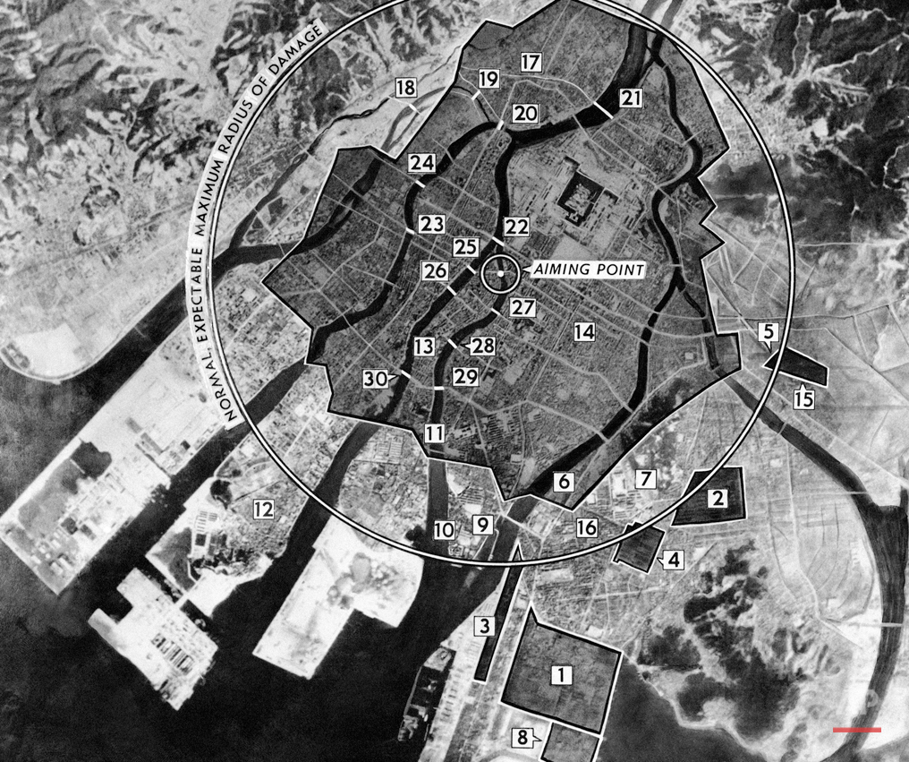  This photo-diagram, based on diagram issued by Army Air Force on August 9, 1945, locates areas damaged in Japanese homeland city of Hiroshima by first atomic bomb dropped by U.S. Army Air Forces. Large circle is drawn on diameter of 19,000 feet. Sha