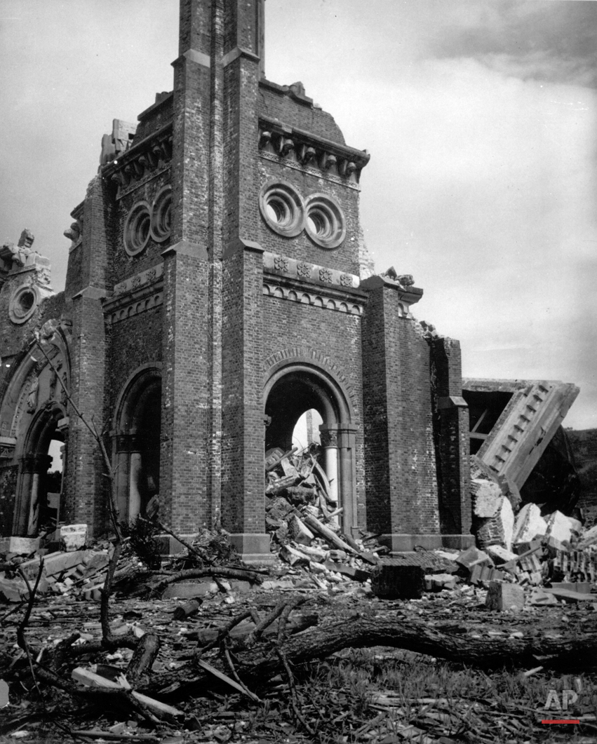  The completely destroyed Roman Catholic Church of Urakami in Nagasaki is seen in 1945, after the second atomic bomb ever used in warfare was dropped by the U.S. over the Japanese industrial center. The bombing killed more than 70,000 people instantl