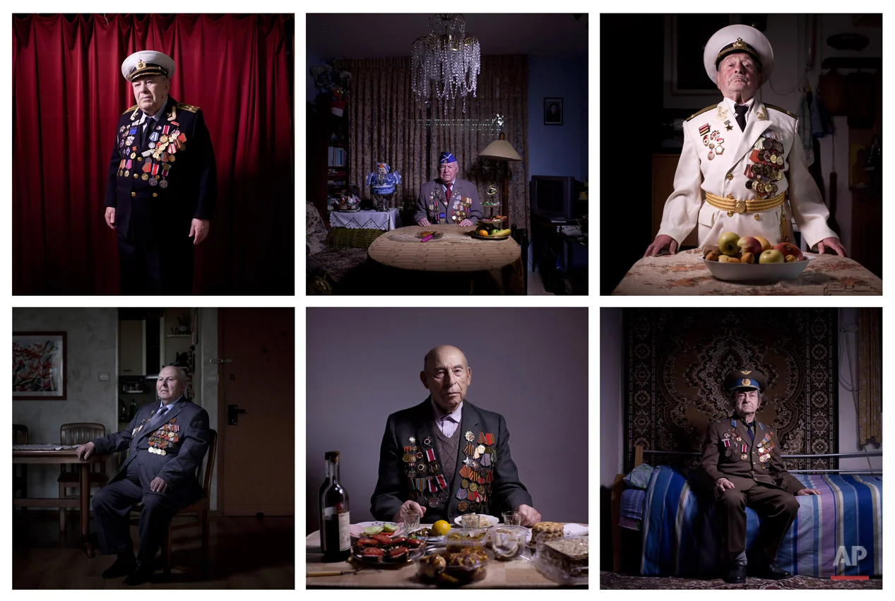 COMBO - This combination of photos made from six photos taken on April 10, April 11 , April 12, April 17, April 18, 2013 shows Soviet Jewish World War Two veterans posing for portraits at their homes in Israel. About 500,000 Soviet Jews served in th