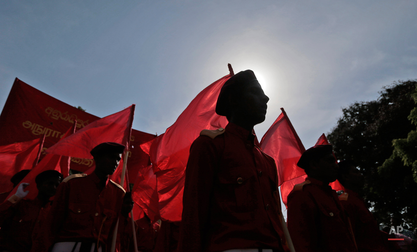  Activists of the Sri Lankan Marxist political party Peoples' Liberation Front march during a rally to mark International Labor Day in Colombo, Sri Lanka, Friday, May 1, 2015. (AP Photo/Eranga Jayawardena) 